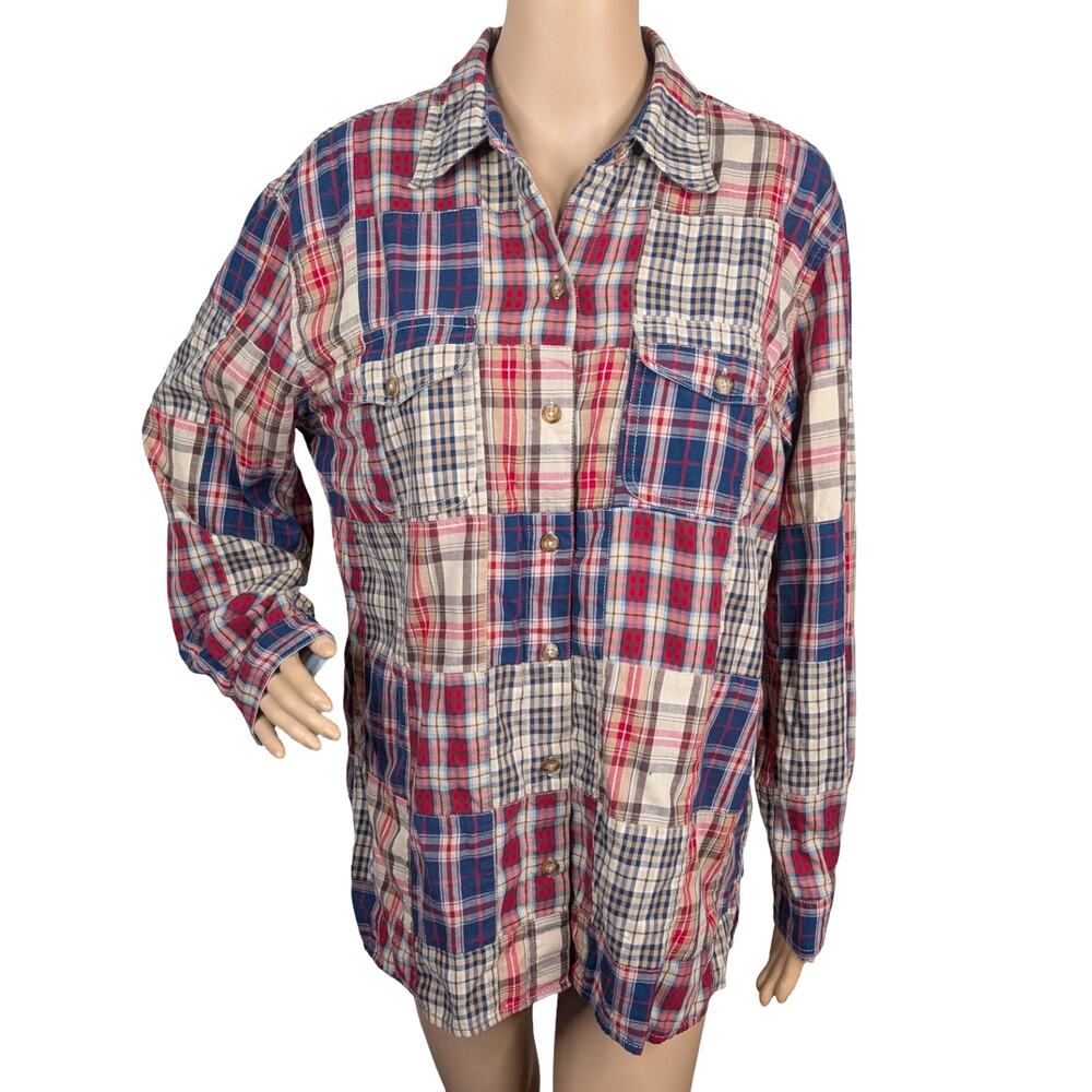 VTG 90s Liz Claiborne Patchwork Plaid Cotton Flannel Shirt Oversized Shacket M